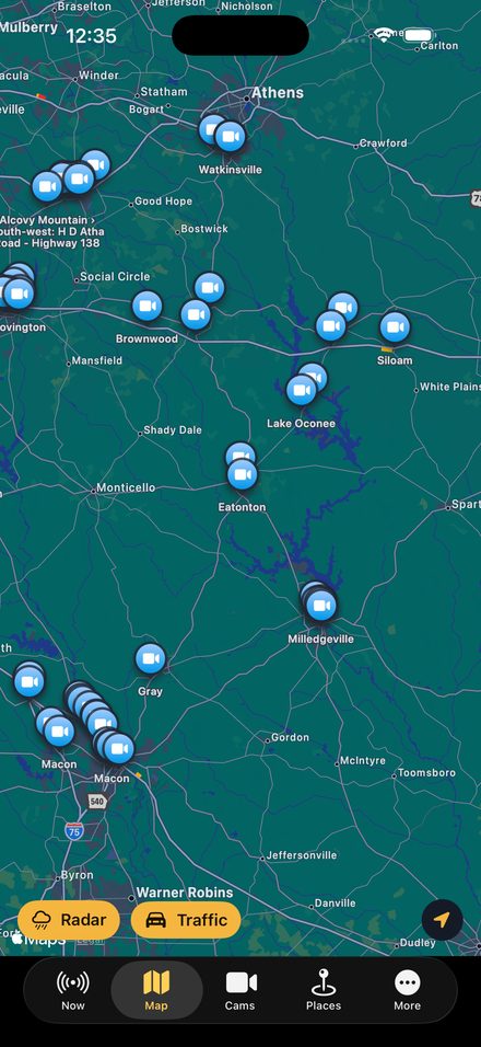 Map of central Georgia with traffic and camera pins from Athens to Macon.
