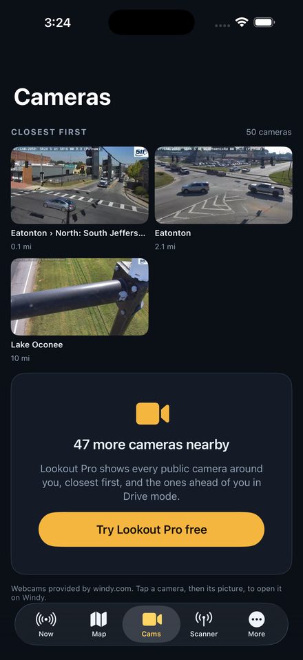 Grid of public road cameras around Eatonton, Lake Oconee, Madison and Milledgeville, closest first.
