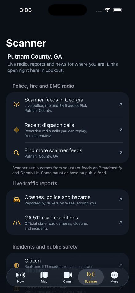 Scanner tab: scanner feeds, dispatch calls, Waze reports and 511 road conditions.