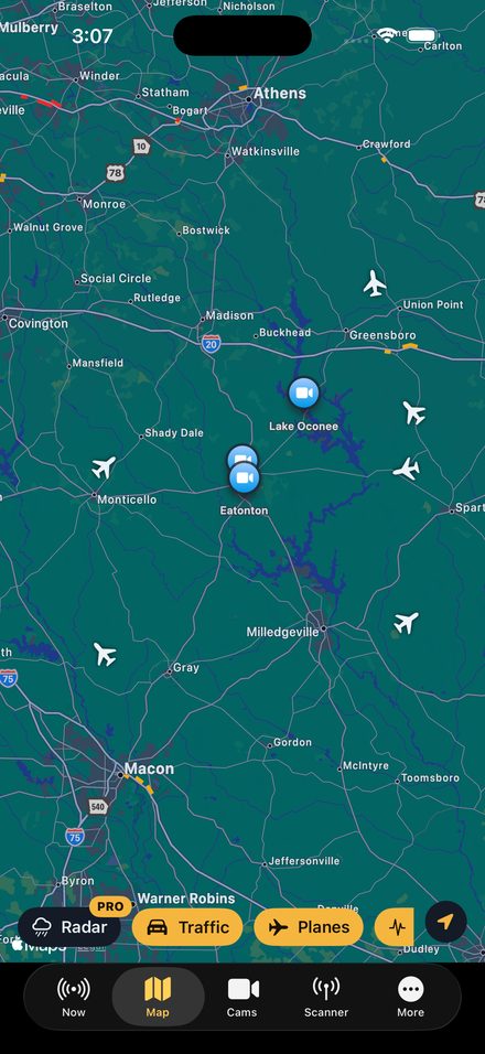 Map with planes overhead and road cameras.